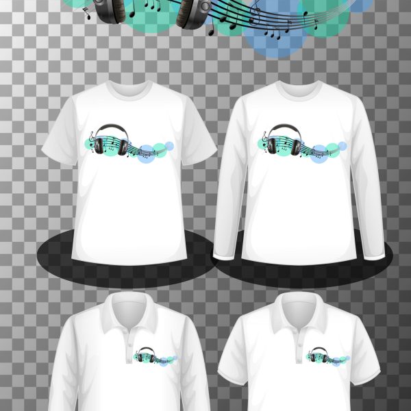 Music notes logo with Set of different shirts with Music notes logo screen on shirts illustration